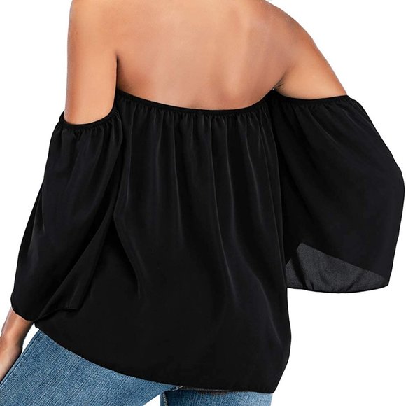 Women's Summer Off Shoulder Blouses Short Sleeves Sexy Tops Chiffon Ruffles - Picture 5 of 7